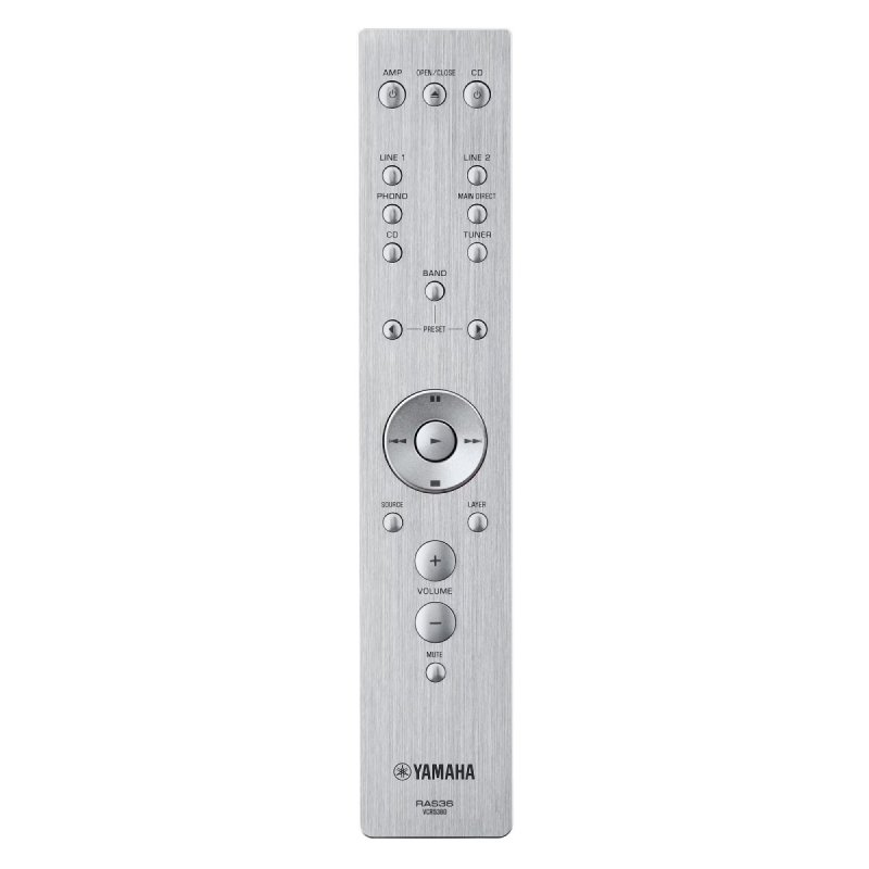 Télécommande en aluminium brossé de l’amplificateur Hi-Fi Yamaha A-S1200, reprenant la finition argent et l’ergonomie minimaliste de la façade.