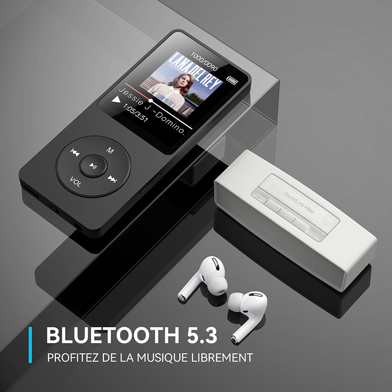 Details Avant AGPTEK MP3 32Go Bluetooth 5.3 L'Excellence de la Connectivité Sans Filac