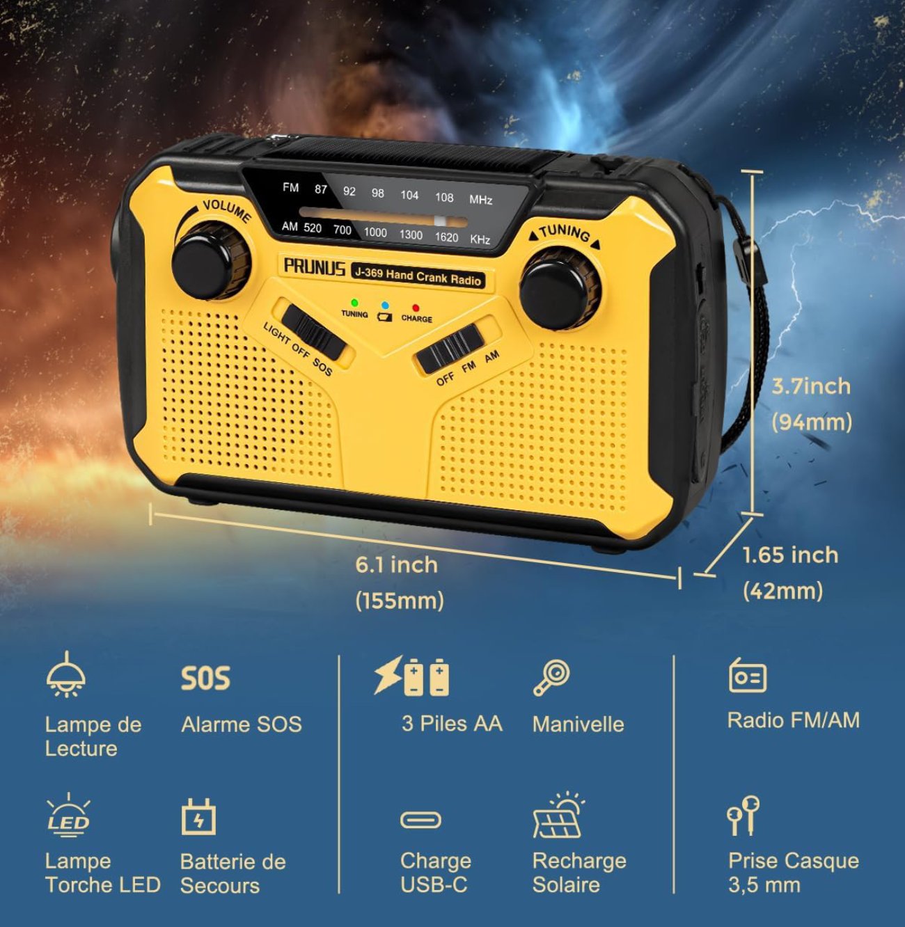Avis sur la Radio Portable PRUNUS J-369 - Radio de Secours avec Rechargement Solaire