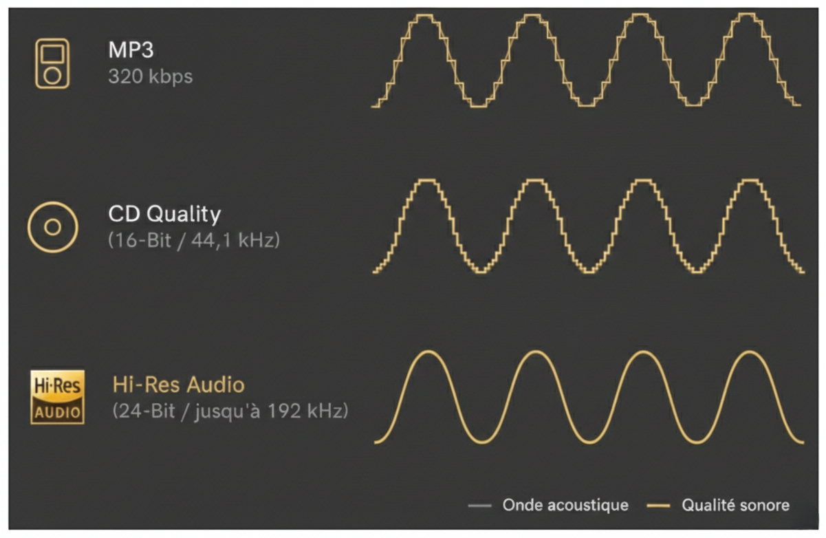 Comparaison visuelle des ondes sonores entre le MP3 (compressé), la qualité CD et l'Audio Haute Résolution montrant la précision de la courbe.