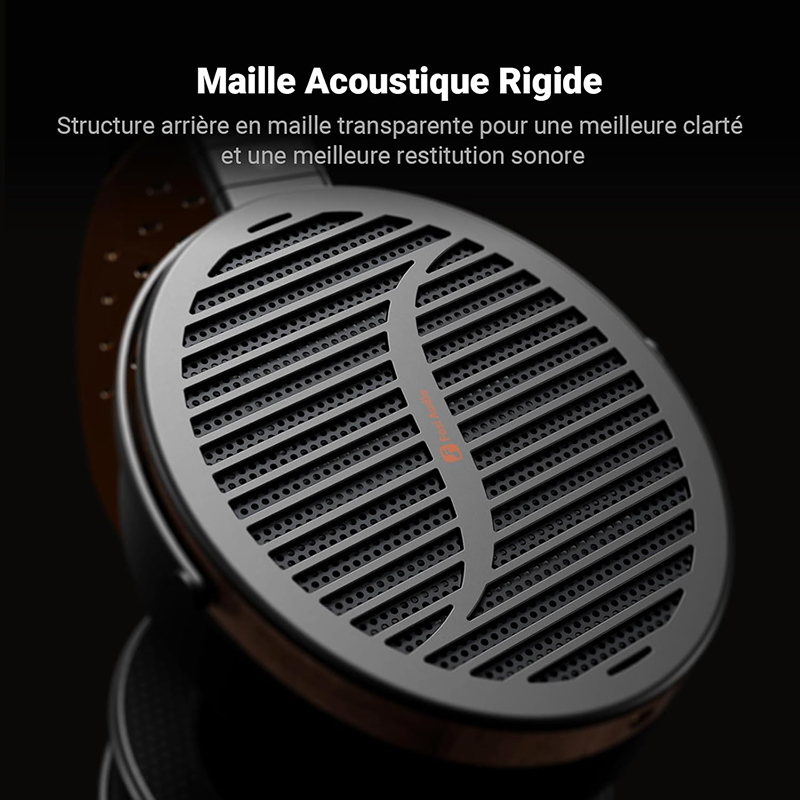 Gros plan sur la grille externe du Fosi Audio i5 laissant apparaître le diaphragme planaire interne.