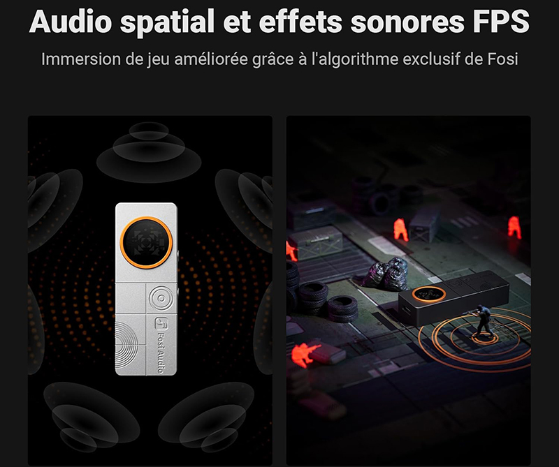 Dongle Fosi Audio DS3 affichant ses caractéristiques techniques et boutons.