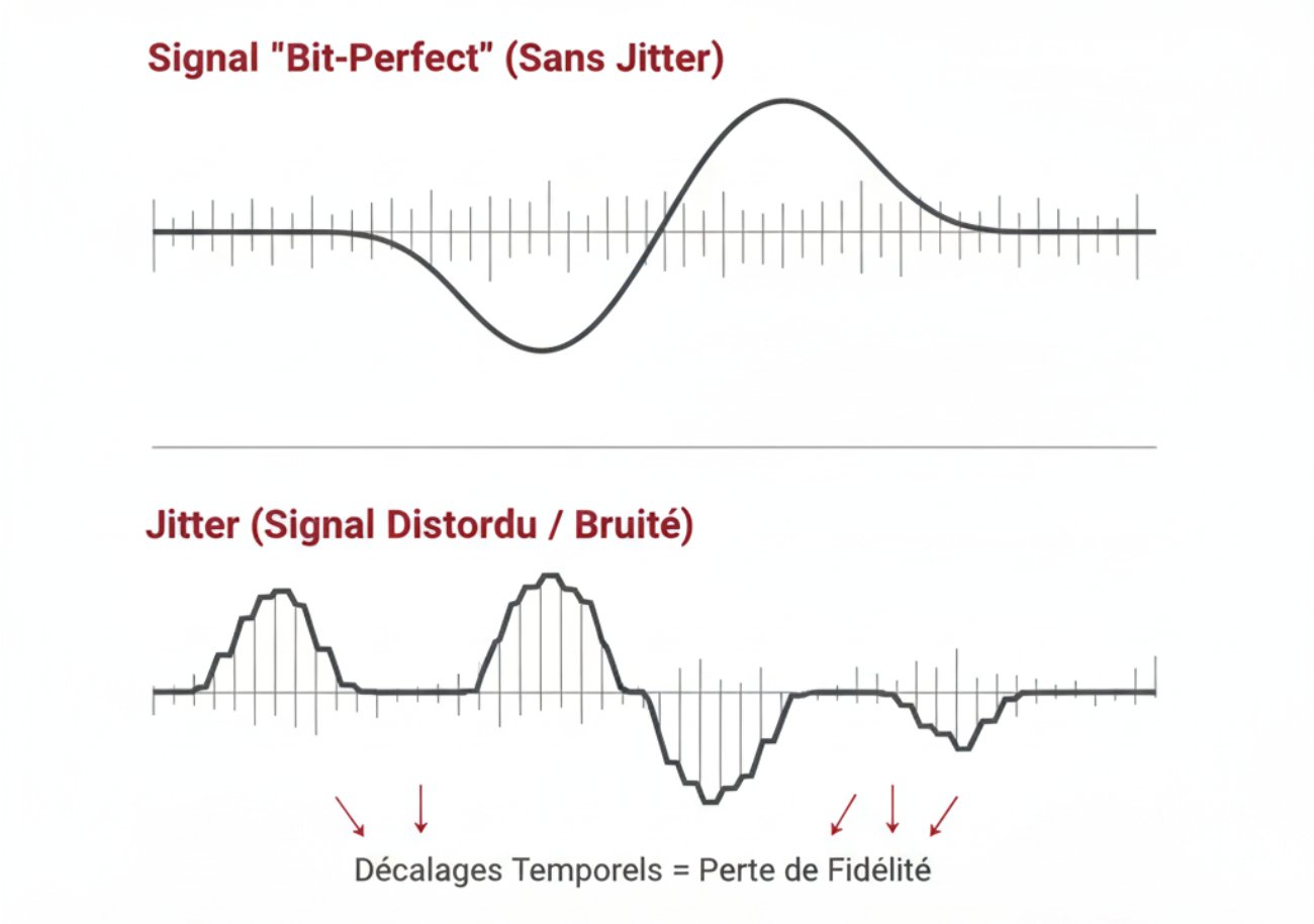 Comparaison graphique entre un signal audio bit-perfect cadencé par une horloge de précision et un signal avec jitter montrant des décalages temporels et une distorsion de l'onde.