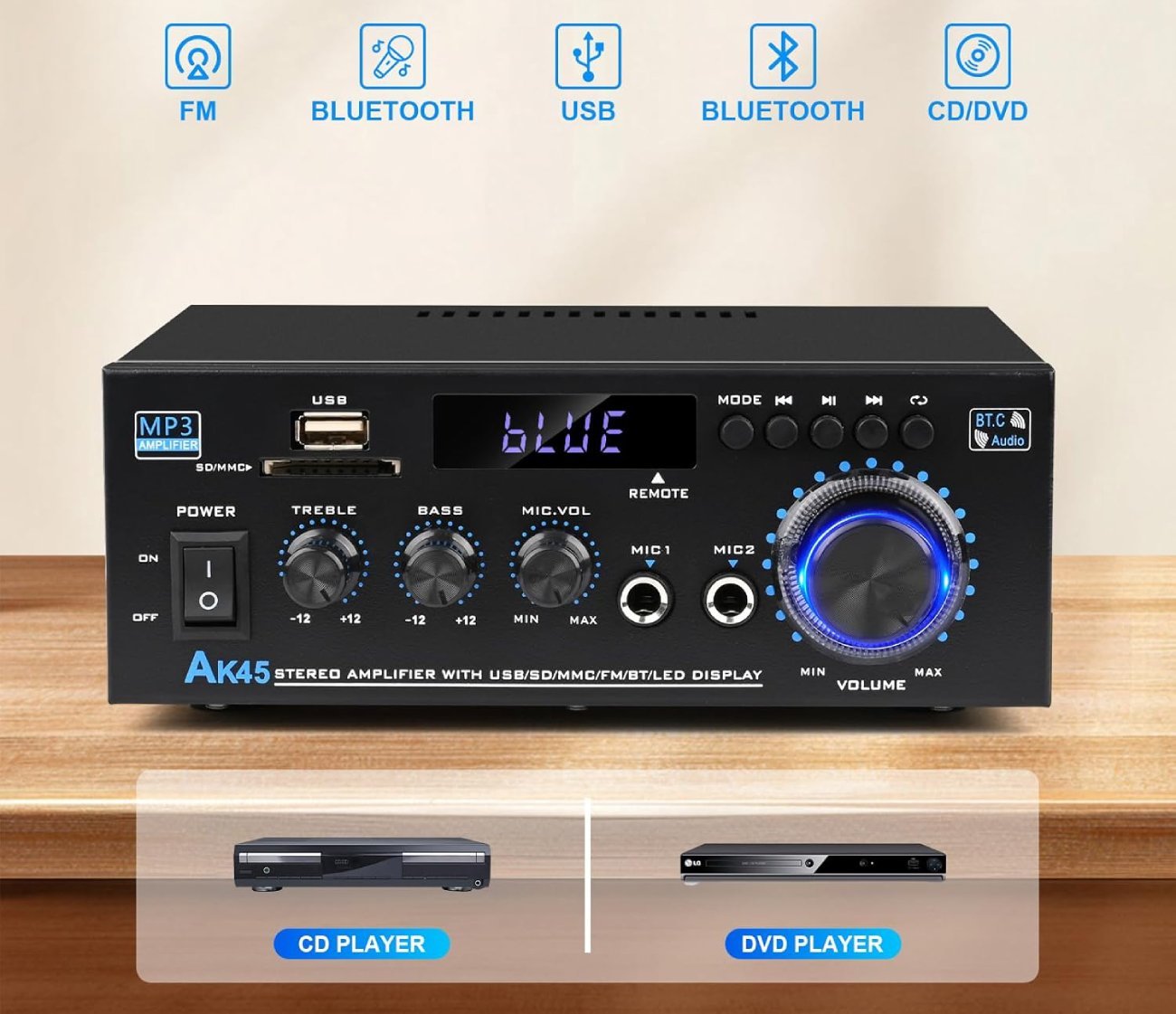 La façade du Romica AK45 affichant les différentes sources audio compatibles, dont Bluetooth, USB, FM et lecteurs CD ou DVD.