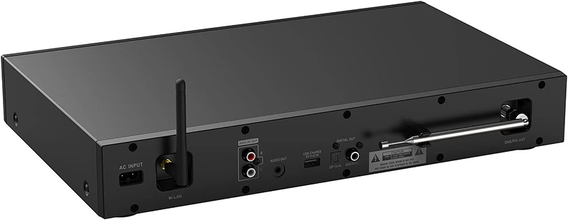 L’arrière du VR-Radio IRS-70 HiFi montrant les connectiques audio, les ports d’entrée et l’antenne Wi-Fi intégrée.