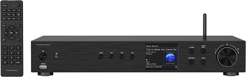 Le lecteur réseau VR-Radio IRS-70 HiFi présenté de face, avec son écran couleur allumé et la télécommande placée à côté.