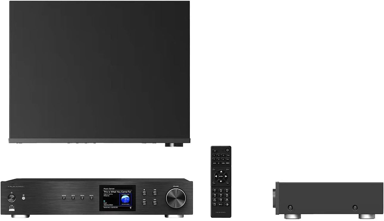 Présentation du VR-Radio IRS-70 HiFi avec plusieurs angles de vue, incluant le dessus du boîtier, la façade avant, le profil latéral et la télécommande.