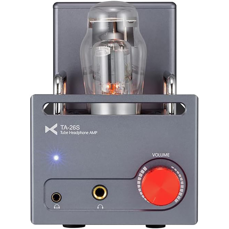 Vue frontale du xDuoo TA-26S avec boutons et tubes visibles