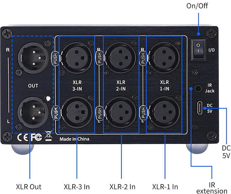 Arrière du AIYIMA A08Pro montrant tous les ports XLR pour câbles.