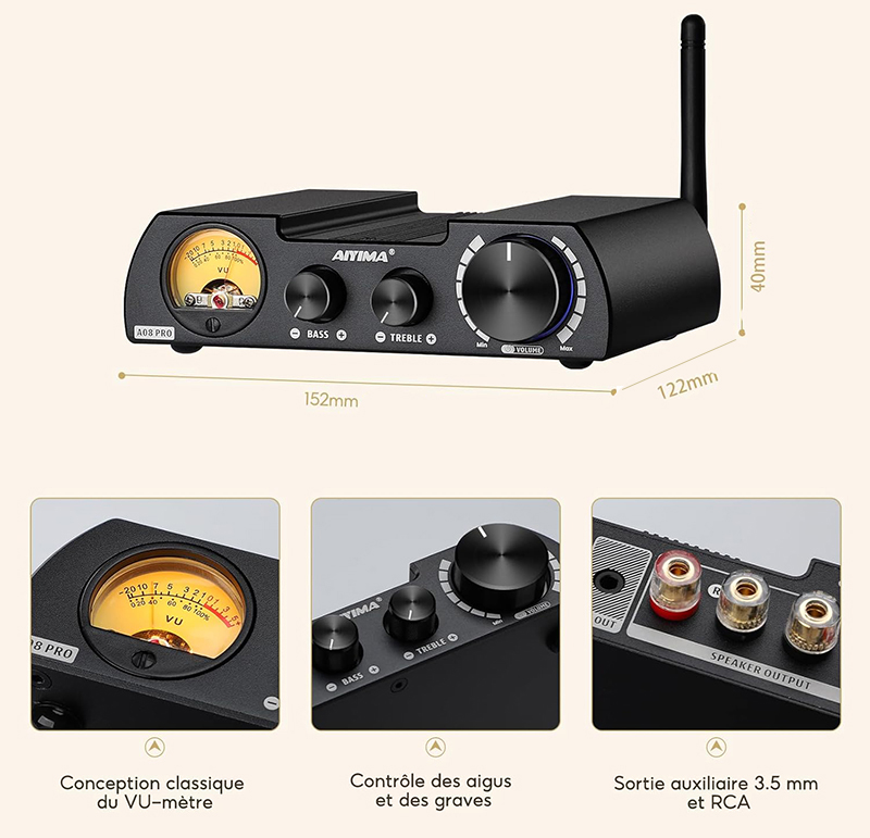 AIYIMA A08Pro avec dimensions indiquées en centimètres.