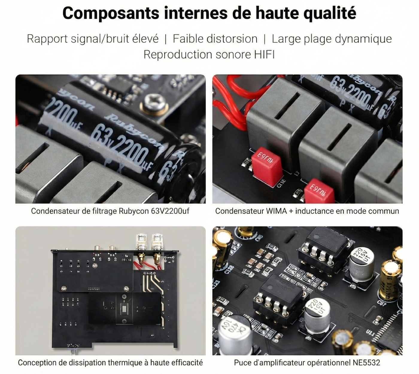 Composants internes de l’amplificateur AIYIMA A80 avec condensateurs de filtrage, inductances, puces NE5532 et circuit de dissipation thermique