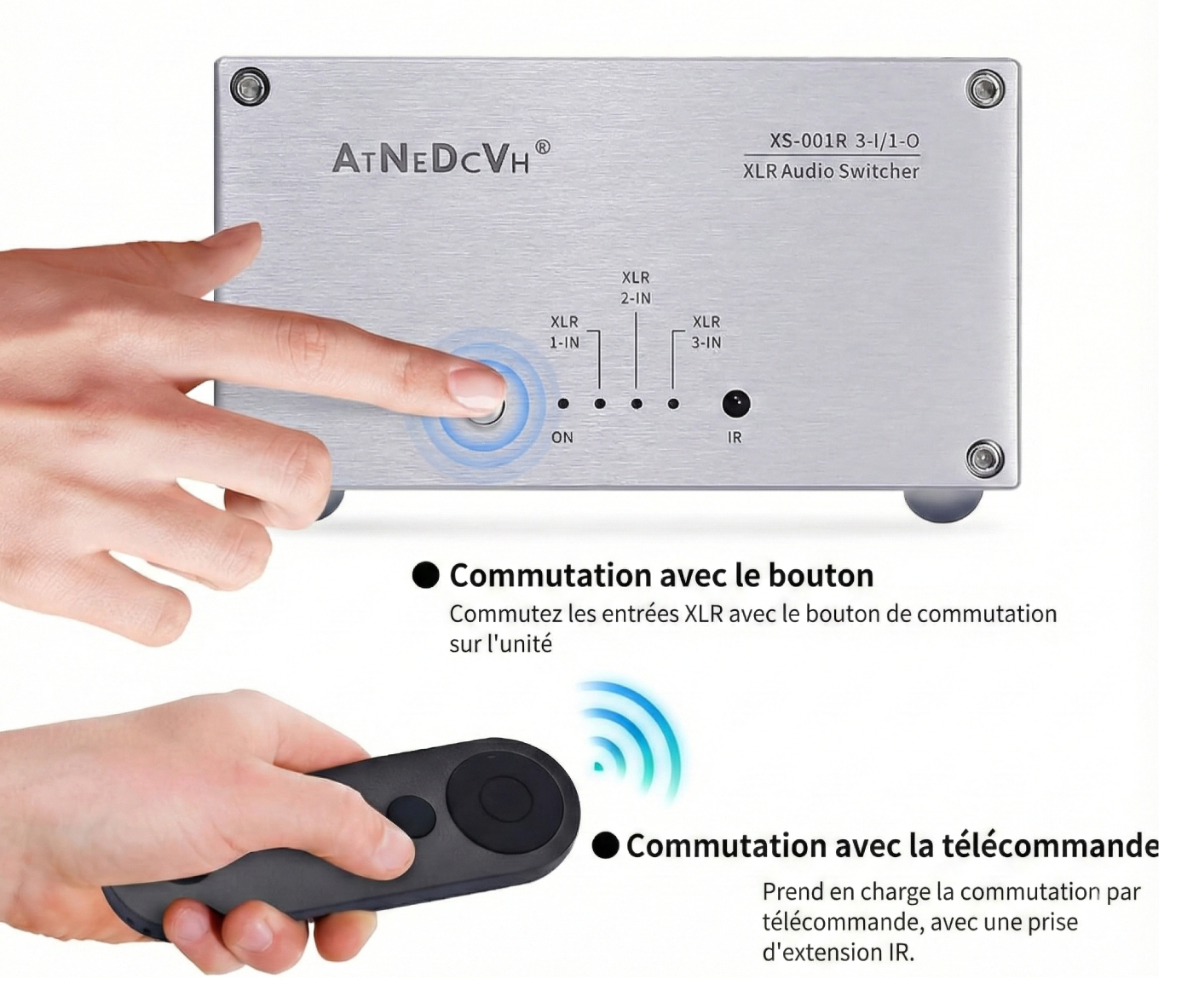 Commutateur XLR actif AtDcNeVh XS-001R avec bouton en façade et télécommande infrarouge