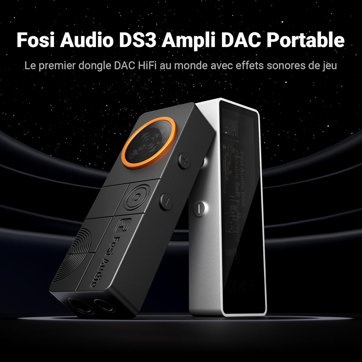 Comparaison visuelle du DAC portable Fosi Audio DS3 en finitions noir et argent, premier dongle HiFi avec effets sonores de jeu intégrés.