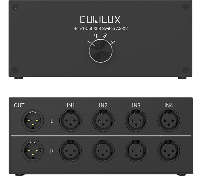 Face avant du Cubilux AS-X2 montrant boutons de sélection et connecteurs XLR