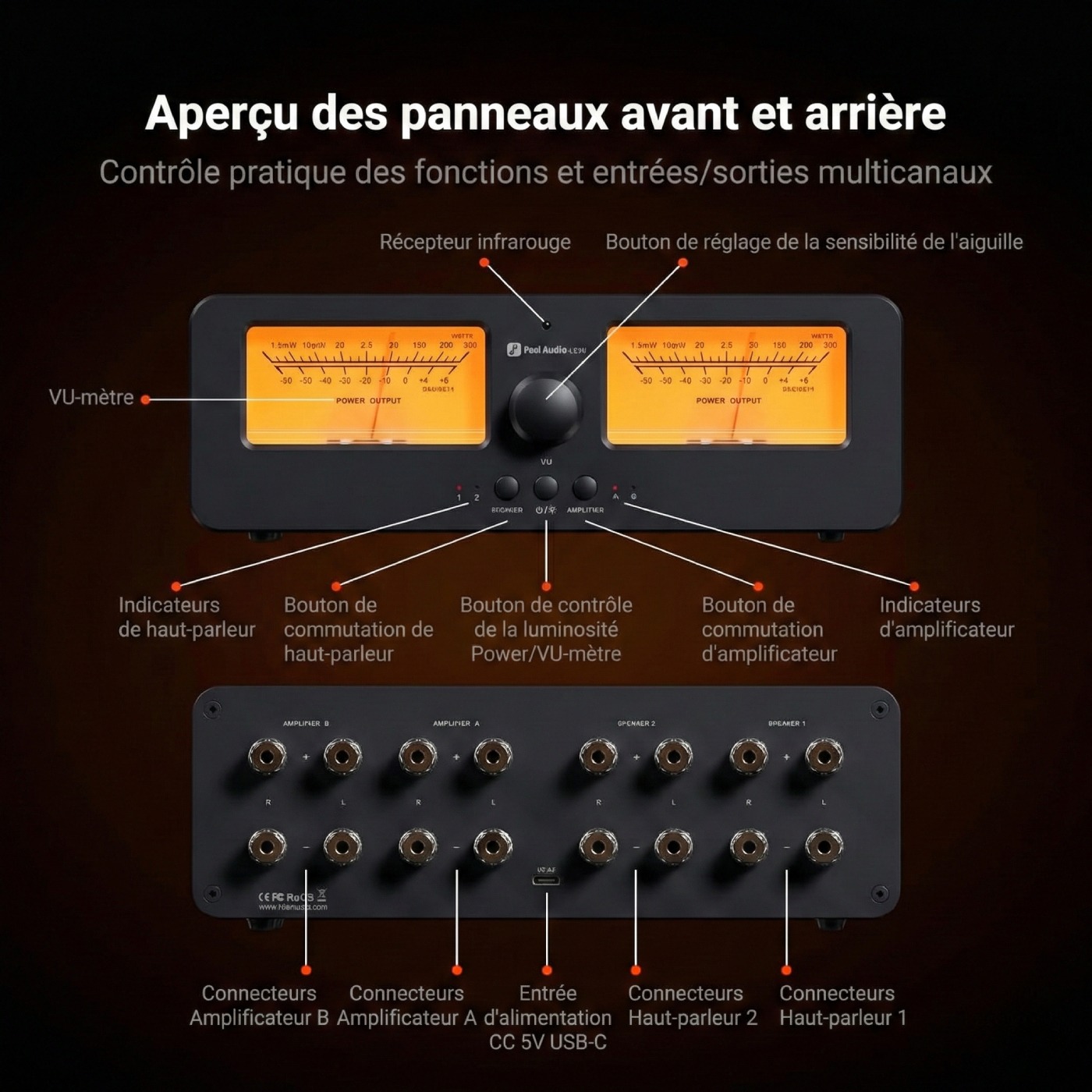 Vue détaillée du Fosi Audio LC30 avec VU-mètres et panneaux avant et arrière annotés montrant boutons, indicateurs et connecteurs amplificateurs et enceintes