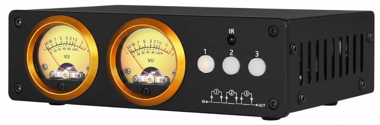 Douk Audio L3 avec double VU-mètre analogique éclairé en façade et boutons de sélection d’entrées audio