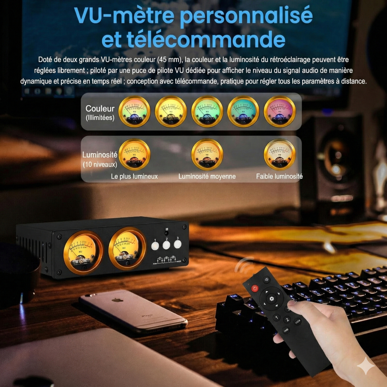 Douk Audio L3 avec VU mètres couleur personnalisables et télécommande infrarouge sur bureau audio