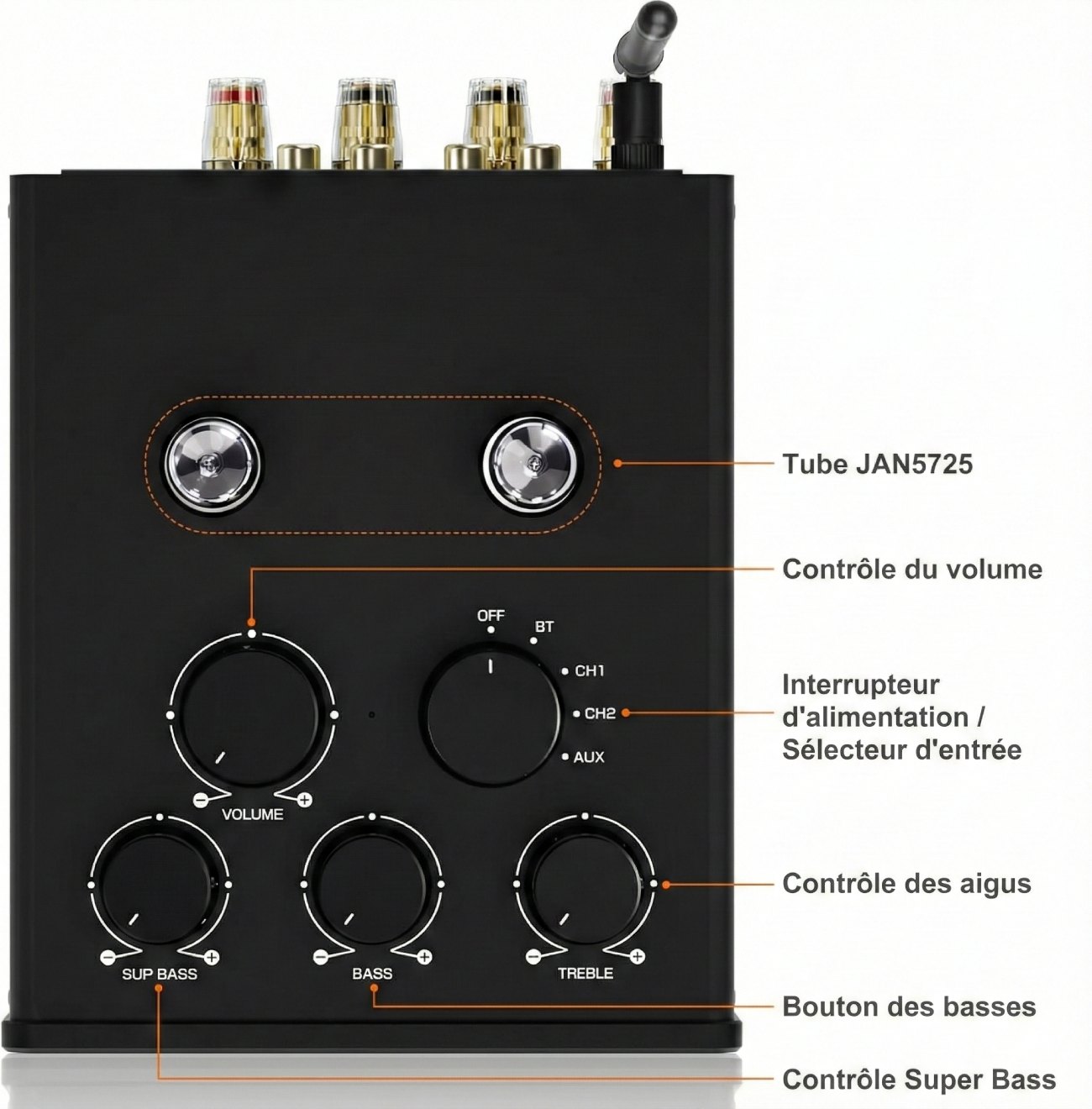 Façade amplificateur Douk Audio T6 Pro avec tubes JAN5725 et réglages volume bass treble super bass