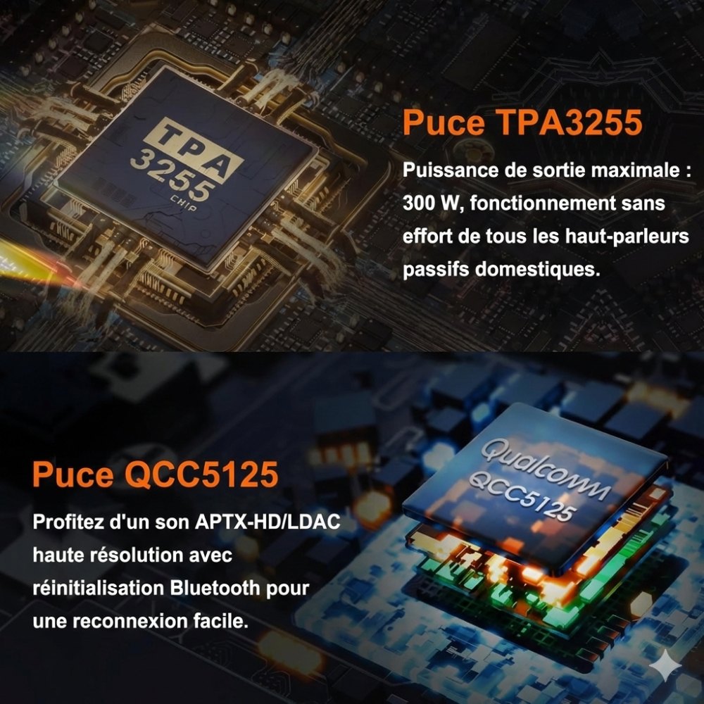 Schéma des puces TPA3255 et QCC5125 utilisées dans le Douk Audio T6 Pro pour amplification et Bluetooth haute résolution