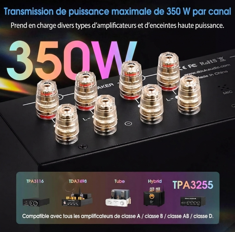 Bornes haut-parleur haute puissance 350W par canal du Douk Audio VU3 Pro compatibles amplificateurs classe A, AB, B et D