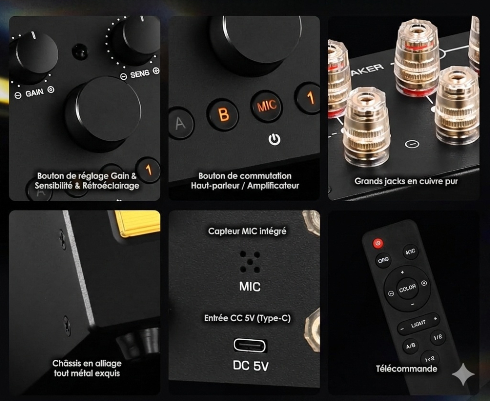 Détails du Douk Audio VU3 Pro : réglage gain et sensibilité, commutateur amplificateur/haut-parleur, borniers cuivre, châssis métal, entrée USB-C 5V et télécommande