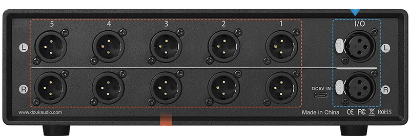 Dos du Douk Audio MC105 montrant les connecteurs XLR et câbles attachés.