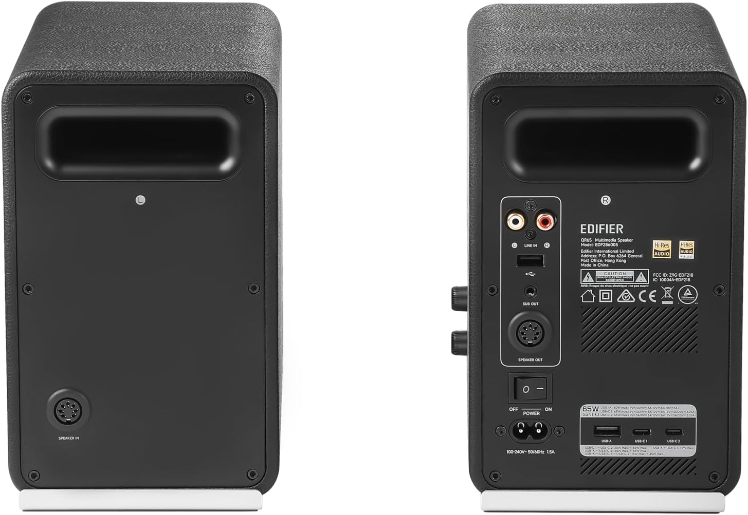 Connectique arrière des enceintes Edifier QR65 avec USB-C 65W, RCA et Sub Out
