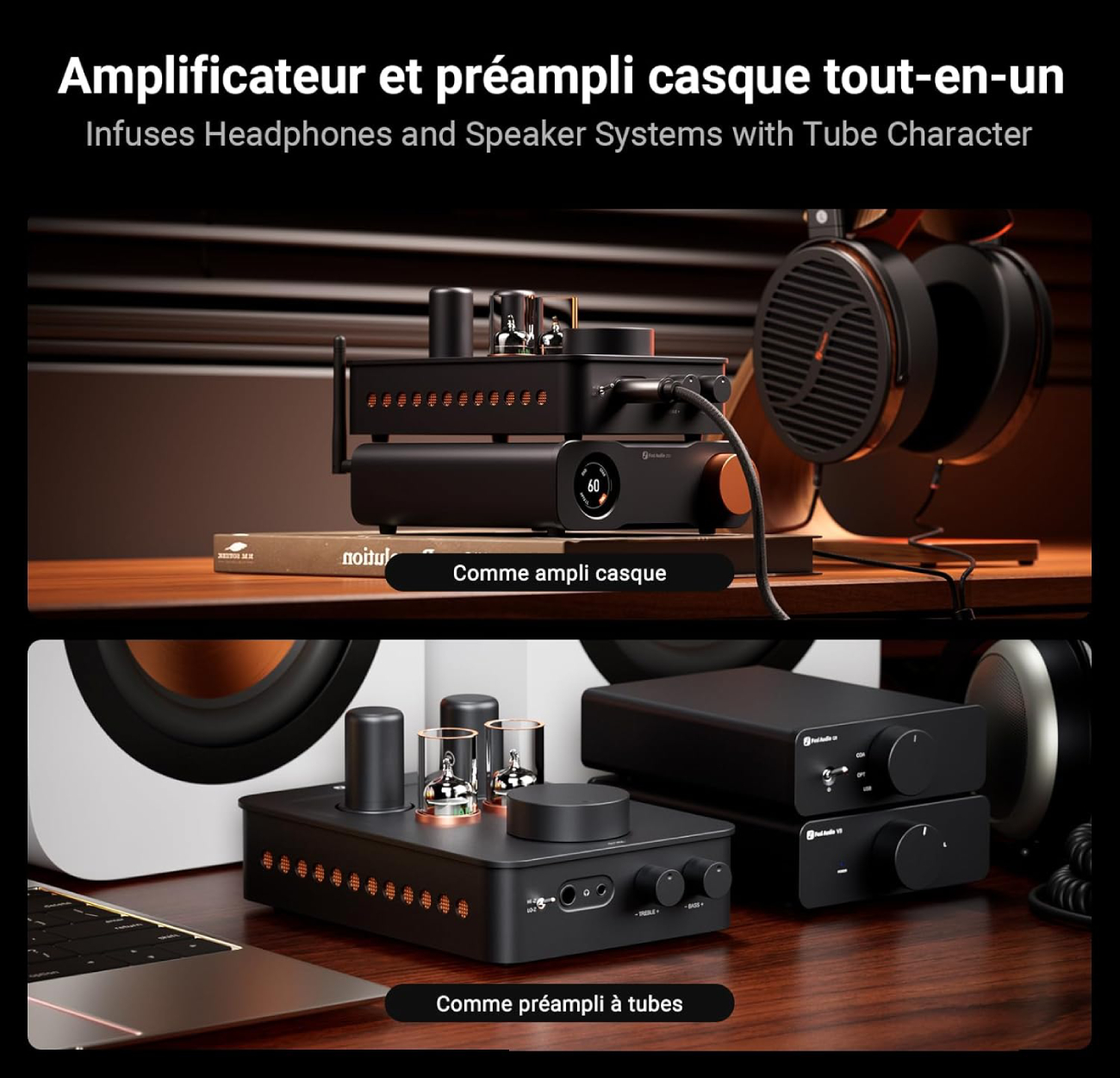 Fosi Audio GR70 amplificateur casque à tubes utilisé avec casque dynamique