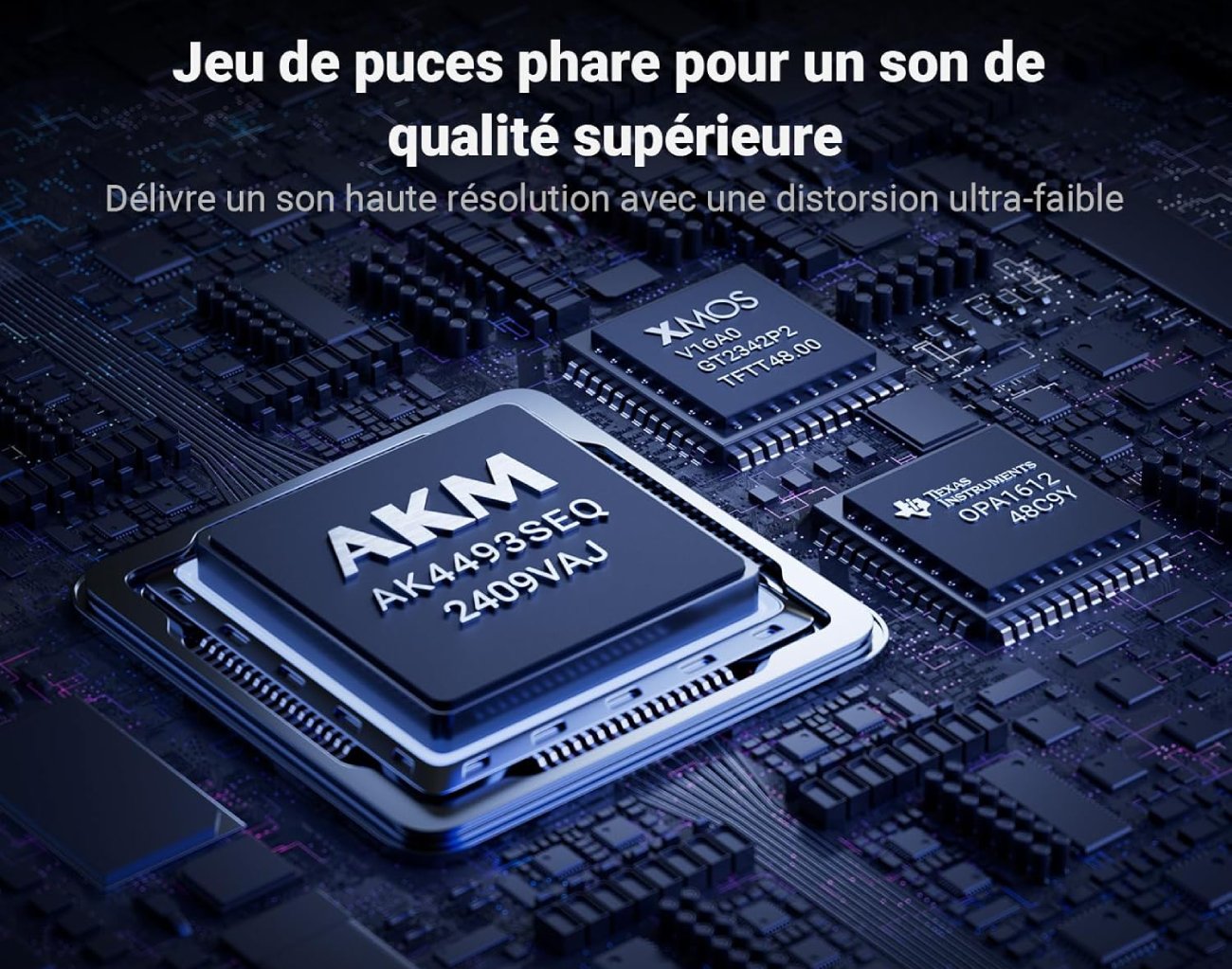 Puce DAC AKM AK4493SEQ associée à une interface XMOS et à un amplificateur opérationnel Texas Instruments OPA1612 dans le Fosi Audio Q6.