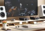 Fosi Audio Q6 installé sur bureau avec enceintes bibliothèque et ampli casque dans setup Hi-Fi moderne