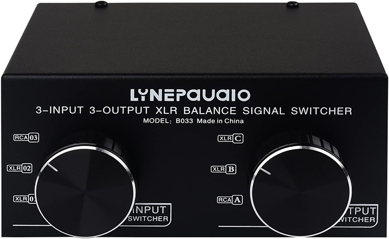 Vue avant du FUNFANG Sélecteur XLR 3x3 avec boutons et indicateurs visibles.