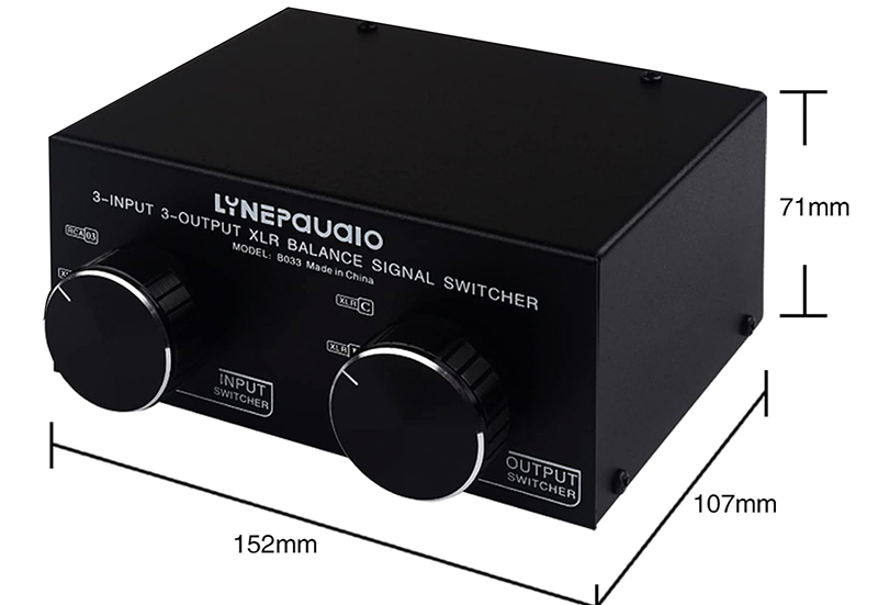 Dimensions du FUNFANG Sélecteur XLR 3x3 indiquées avec échelle.