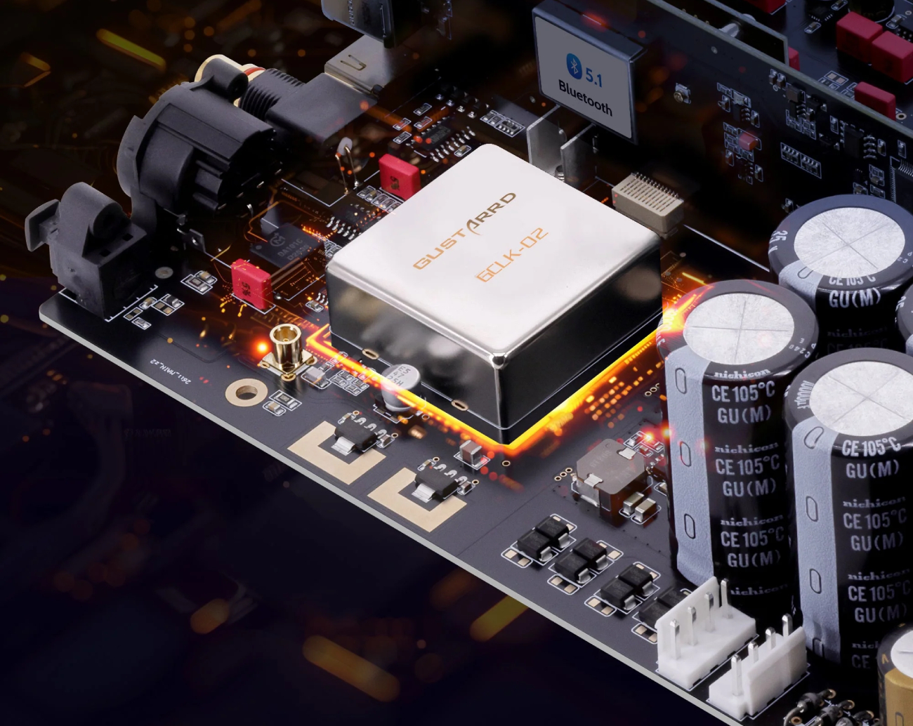 Circuit interne du Gustard R26II montrant le module GCLK-02, alimentation et Bluetooth 5.1