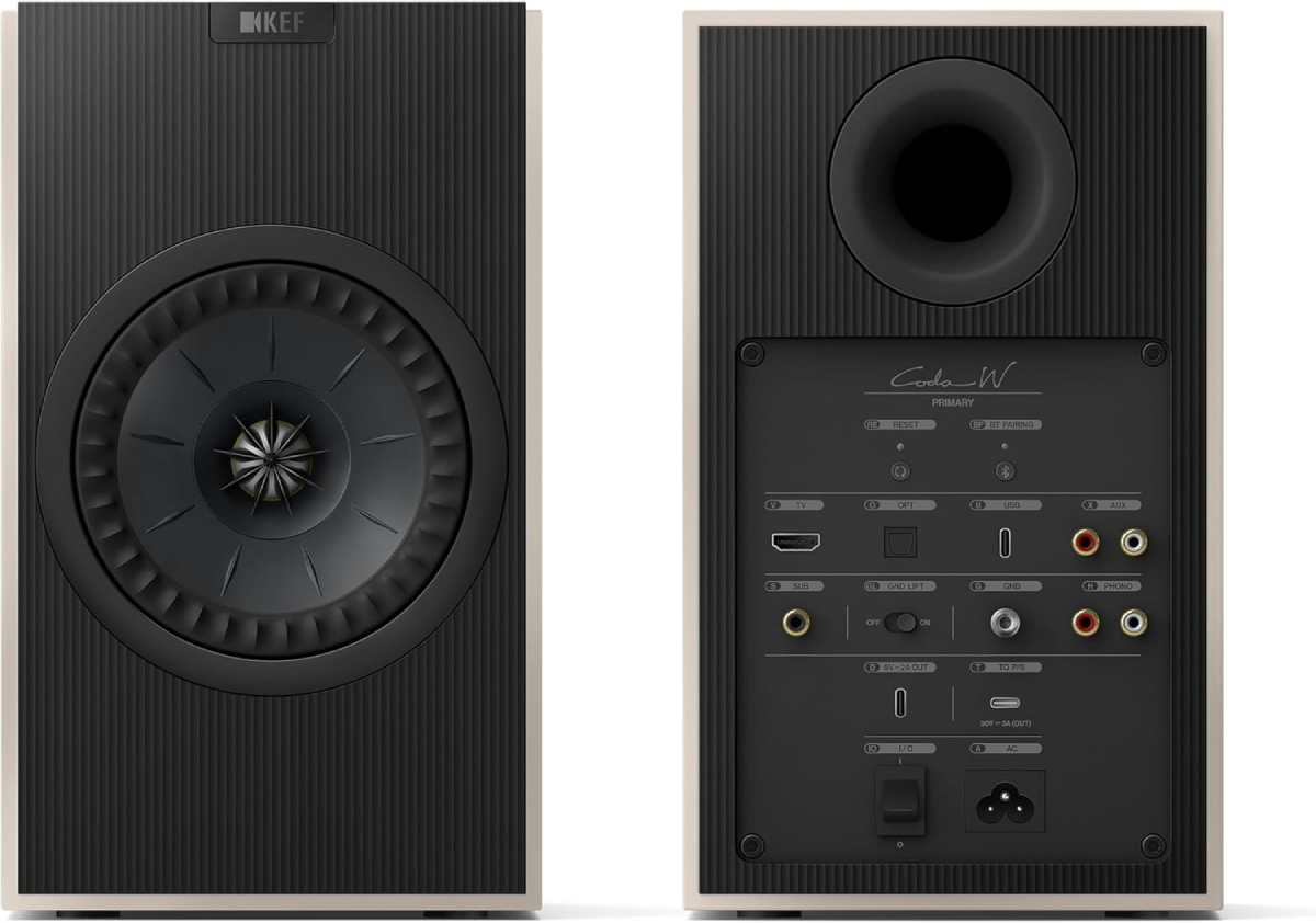 KEF Coda W vue avant avec haut-parleur Uni-Q et vue arrière avec connectique complète