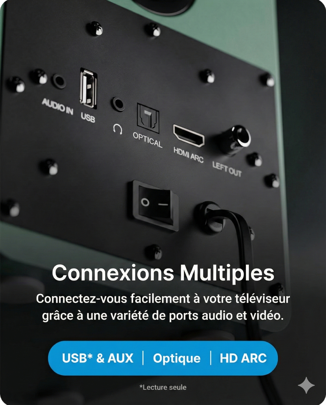 Connectique complète des enceintes Majority D50X : HDMI ARC, optique, Bluetooth 5.3 et USB FLAC