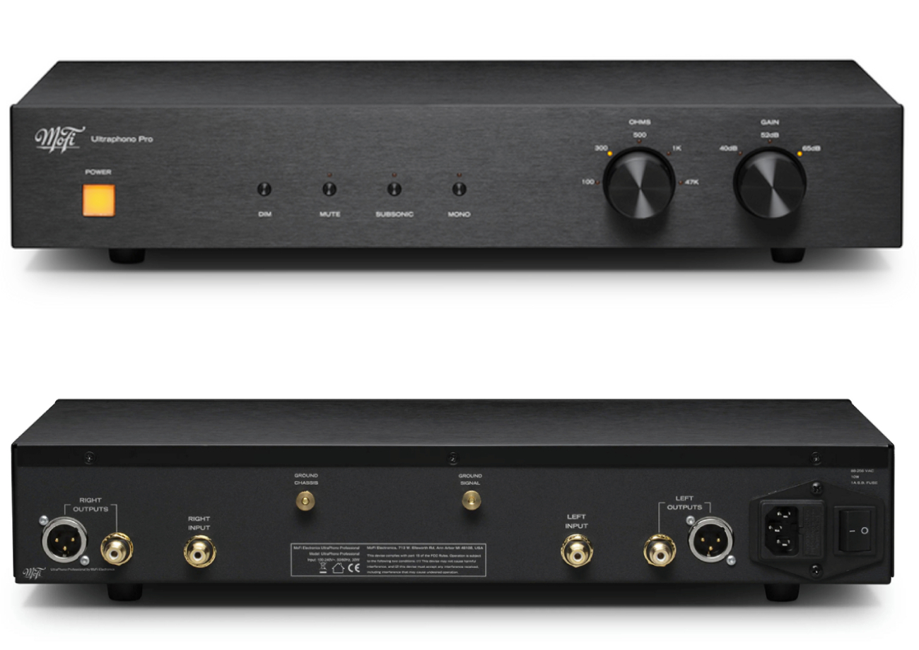 MoFi UltraPhono Pro vue avant et arrière avec réglages de gain, impédance et connectiques RCA XLR