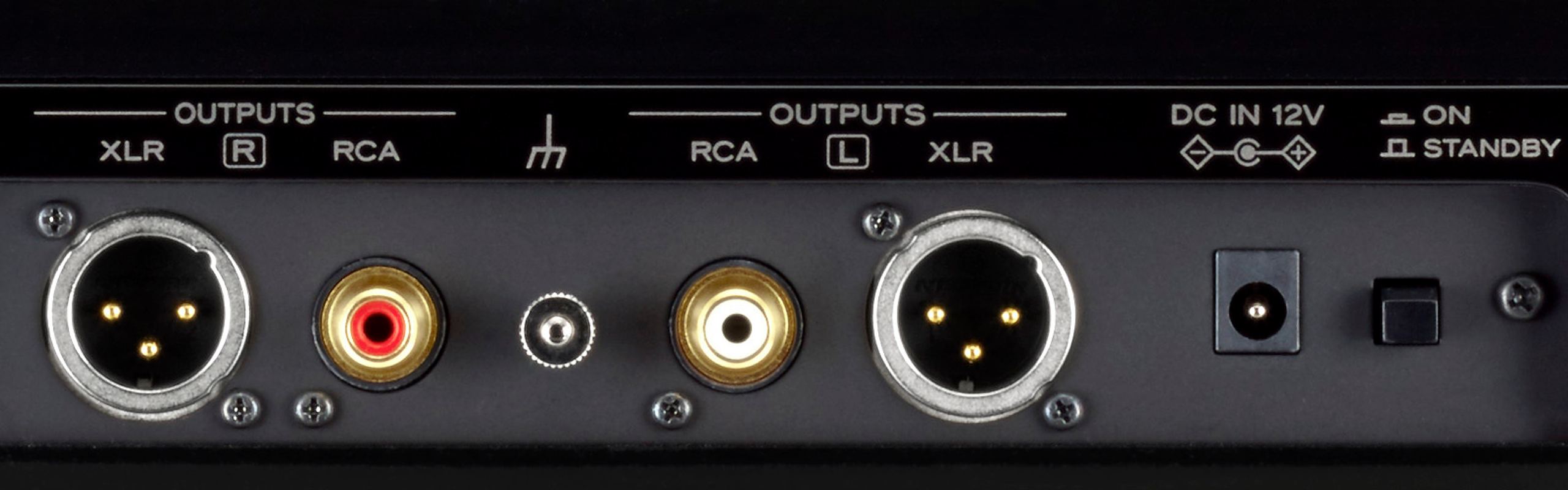 Connectique arrière avec sorties audio XLR et RCA, borne de masse et entrée alimentation 12V