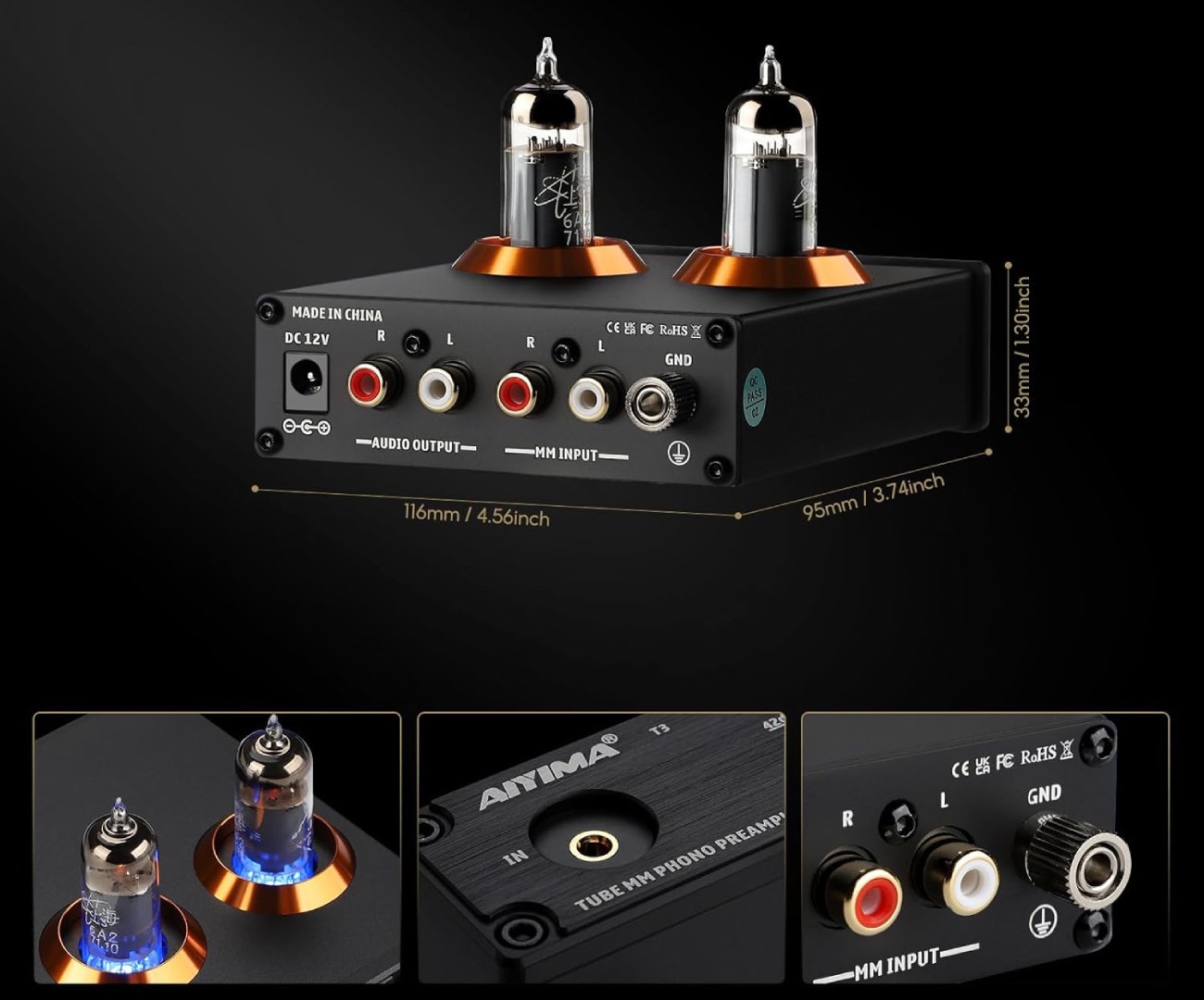 Vue d'ensemble du préampli phono AIYIMA T3 montrant les dimensions du boîtier noir, les deux tubes 6A2 rétroéclairés en bleu, les entrées RCA MM et le sélecteur de gain ajustable.