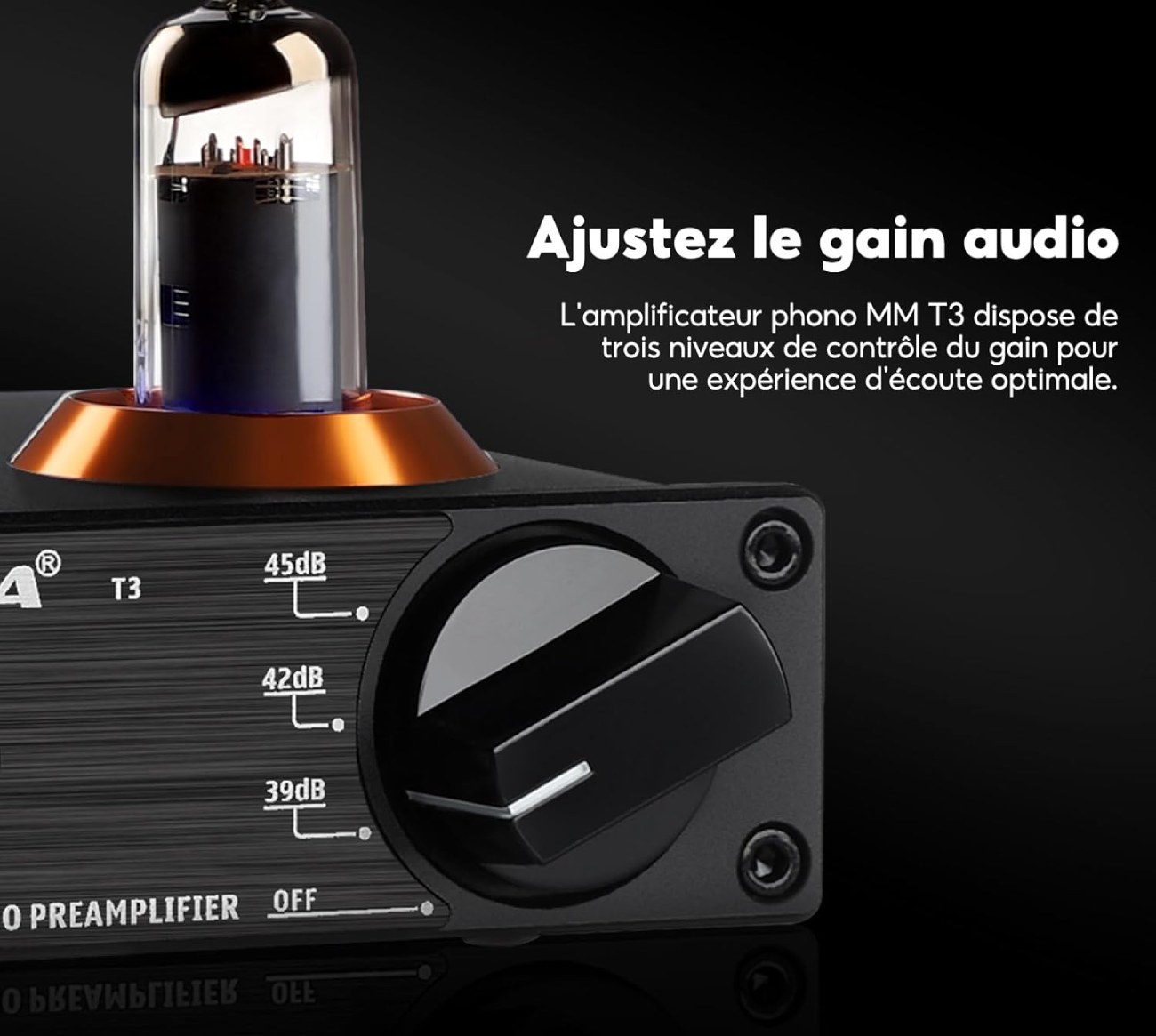 Zoom sur le sélecteur rotatif de l'AIYIMA T3 permettant de choisir entre trois niveaux de gain : 39dB, 42dB et 45dB, pour une adaptation parfaite à la cellule de la platine.