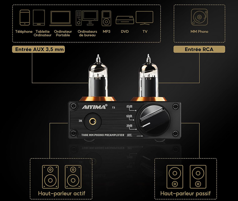 AIYIMA T3 utilisé avec platine vinyle et enceintes
