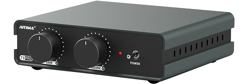 Vue avant du préampli phono AIYIMA T3PRO avec boutons et voyants.