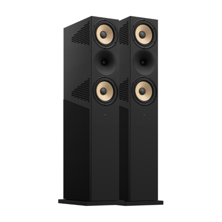 Paire d'enceintes colonnes Amphion Krypton3X en finition noire avec tweeter titane et médiums papyrus en configuration MTM.