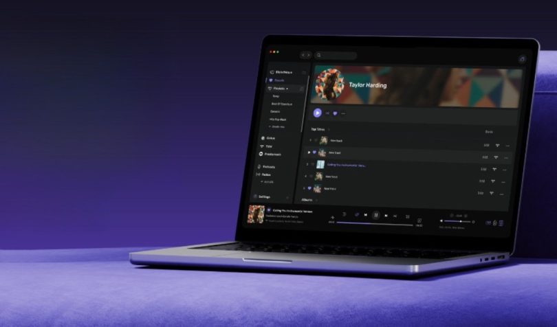 Interface Audirvāna Studio 3.0 Allegro affichée sur MacBook Pro, fond violet