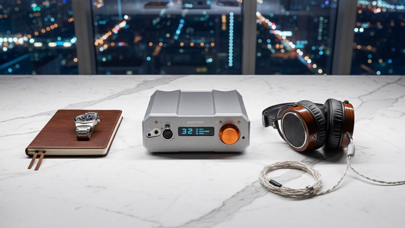 Burson Audio Stellar de face sur marbre blanc : bouton de volume orange, afficheur OLED bleu, sorties casque XLR et jack, casque à coque en bois et câble tressé argenté