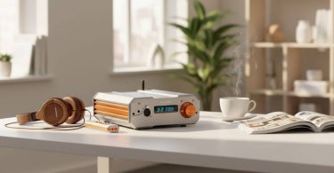 Amplificateur casque Burson Audio Stellar posé sur un bureau épuré, entouré d'un casque en bois et d'une tasse de café, dans un intérieur lumineux