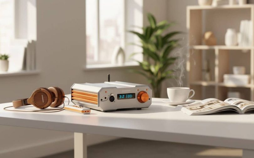 Amplificateur casque Burson Audio Stellar posé sur un bureau épuré, entouré d'un casque en bois et d'une tasse de café, dans un intérieur lumineux