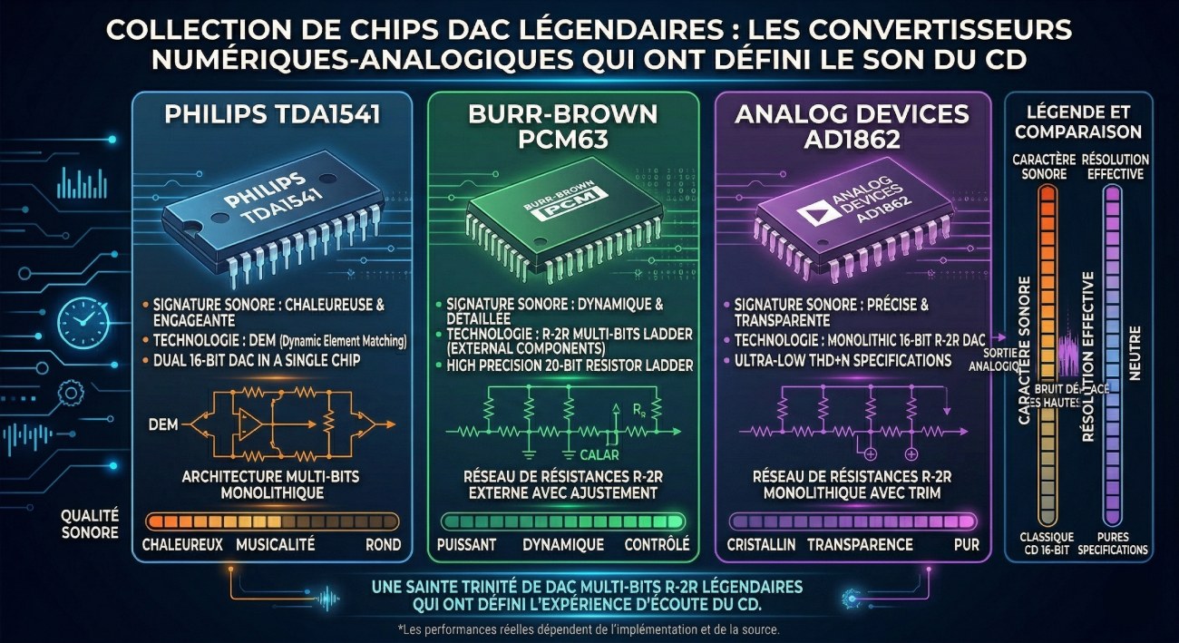 Infographie collection de chips DAC légendaires : Philips TDA1541 (chaleureux, DEM multi-bits monolithique), Burr-Brown PCM63 (dynamique, réseau R-2R externe 20 bits haute précision) et Analog Devices AD1862 (cristallin, R-2R monolithique 16 bits ultra-low THD+N) — les trois convertisseurs numériques-analogiques qui ont défini le son du CD