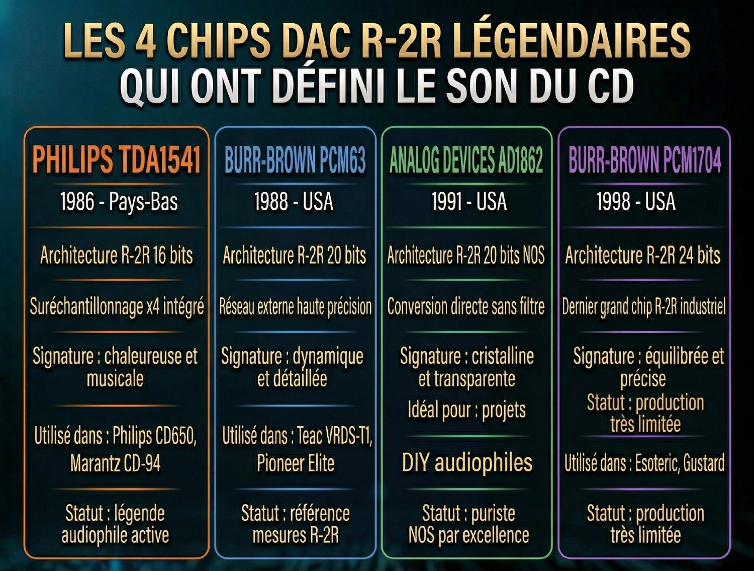 Infographie comparatif des 4 chips DAC R-2R légendaires : Philips TDA1541 (1986, R-2R 16 bits, chaleureuse et musicale), Burr-Brown PCM63 (1988, R-2R 20 bits, dynamique et détaillée), Analog Devices AD1862 (1991, R-2R 20 bits NOS, cristalline et transparente), Burr-Brown PCM1704 (1998, R-2R 24 bits, équilibrée et précise)