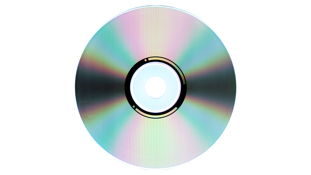 Gros plan d'un compact disc 12 cm aux reflets irisés : les micro-pits gravés dans le polycarbonate stockent jusqu'à 74 minutes d'audio numérique 16 bits / 44,1 kHz
