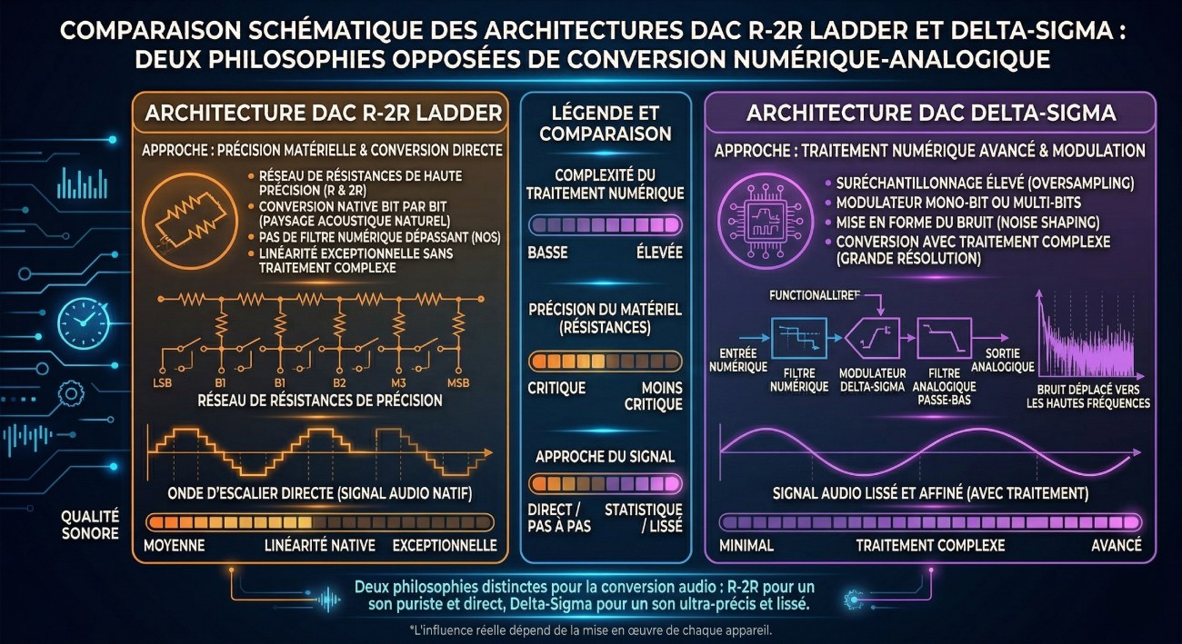 Infographie comparaison schématique des architectures DAC : R-2R Ladder (réseau de résistances de précision, conversion directe bit par bit, onde d'escalier native) vs Delta-Sigma (suréchantillonnage, modulateur, noise shaping, signal lissé) — deux philosophies opposées de conversion numérique-analogique audio